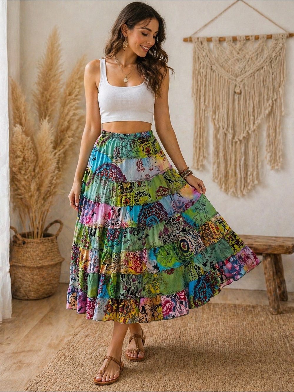 Bila Green Multi Tiered Boho Maxi Skirt